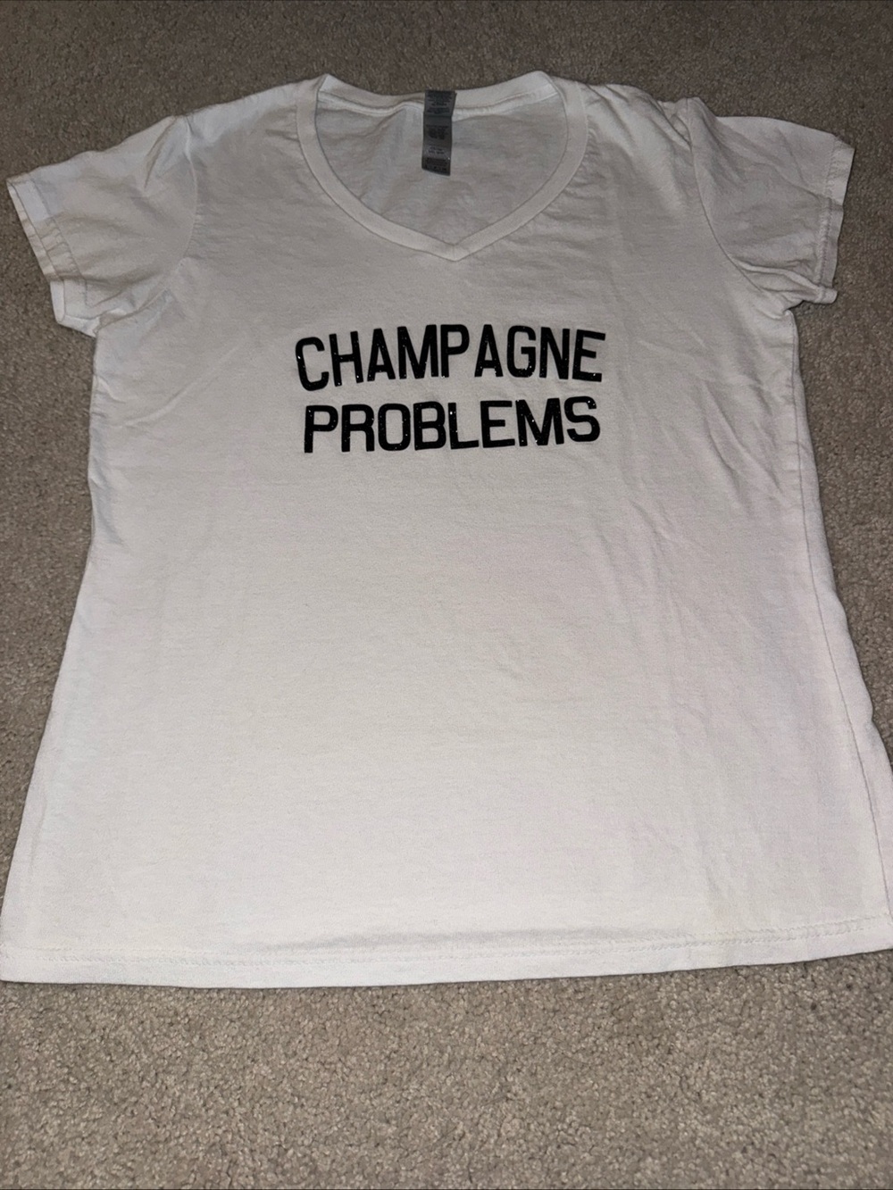 Custom One of a Kind Swift Sparkle Champagne Problems White V-Neck Graphic Tee!
